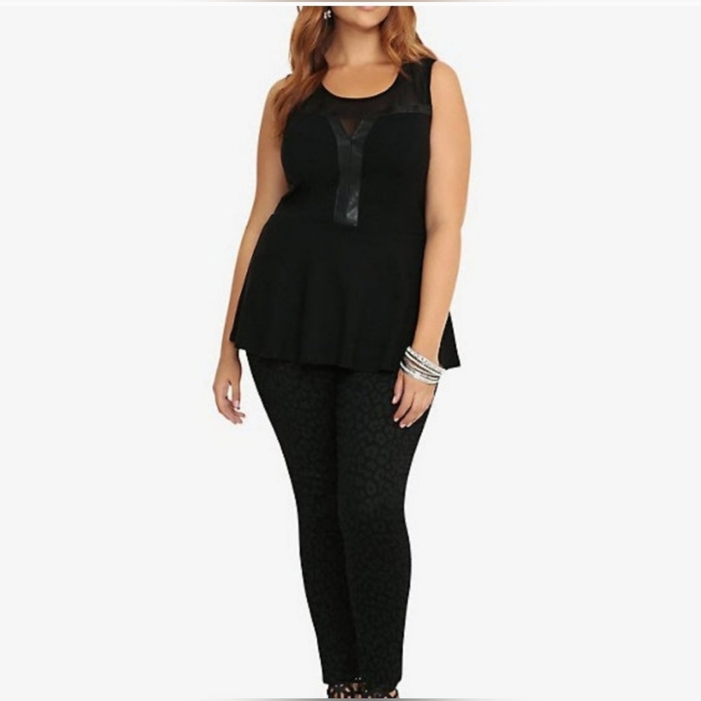 TORRID Mesh Inset & Faux Leather Peplum Top Size 2